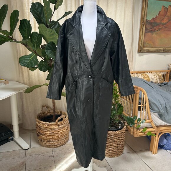Vintage 90s Matrix Grunge Trench Coat Genuine Leather Black Oversized Women's M - Picture 2 of 16
